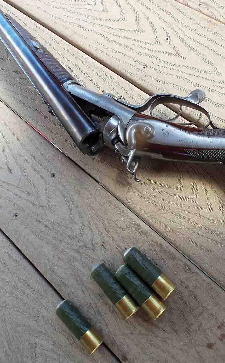 Rob’s 10-bore Tolley double rifle regulated for a ball and 5 drams of powder.